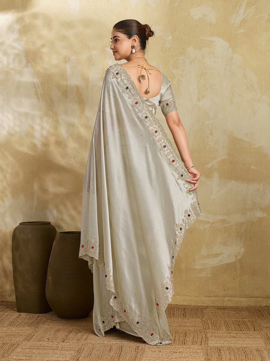 Champagne Satin Saree with Multicolor Stone Embroidered Border