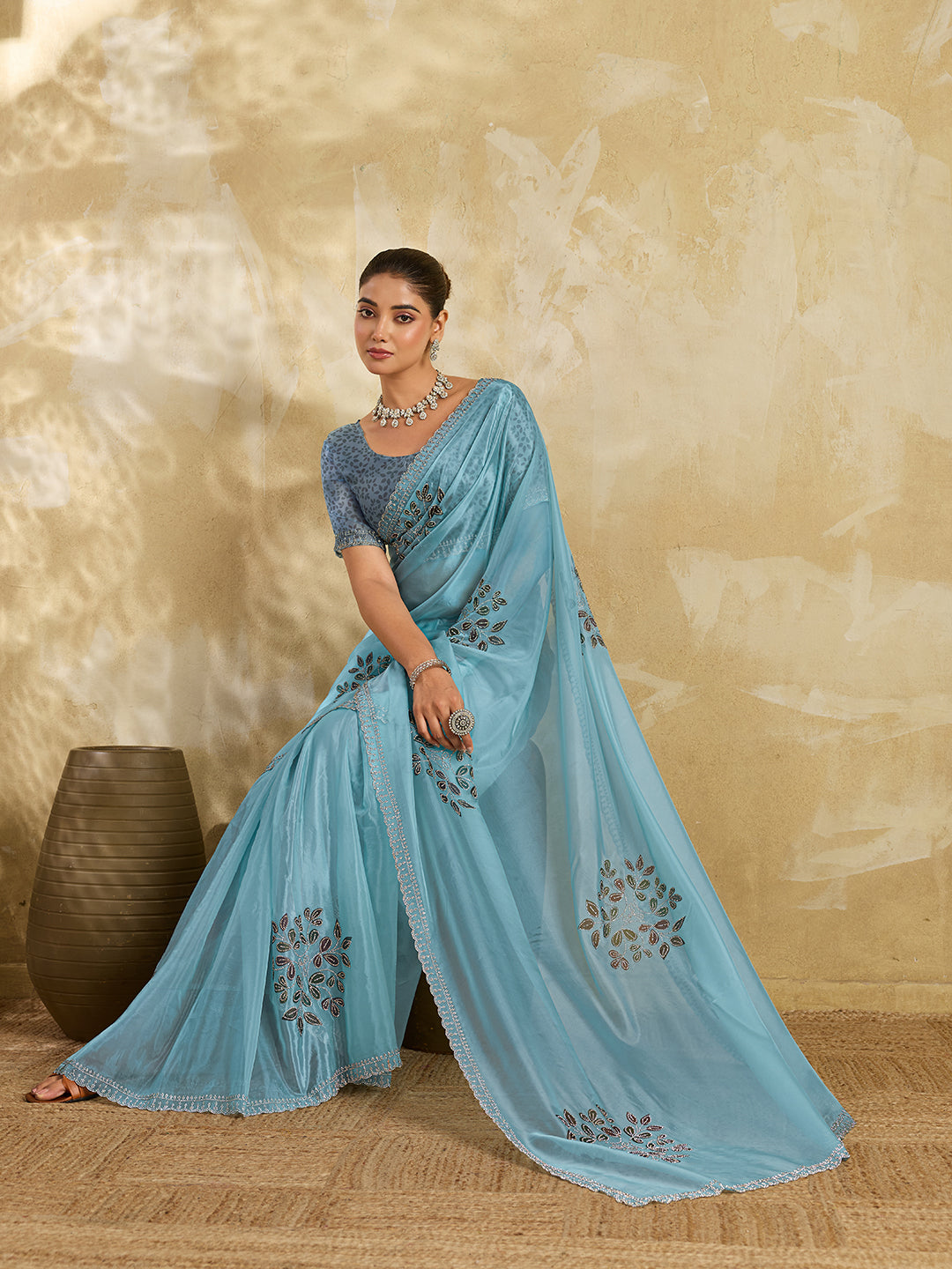 Sky Blue Organza Saree with Multicolor Leaf Cluster Embroidery