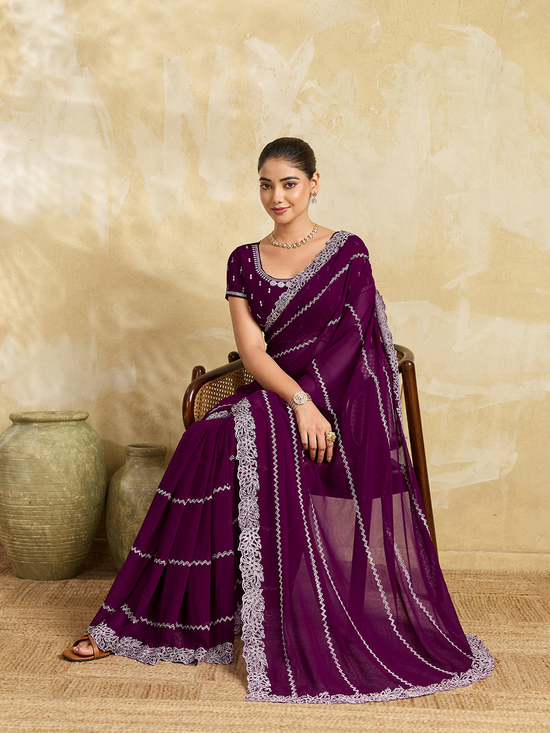 Purple Chiffon Saree with Silver Zigzag Pleat Embroidery