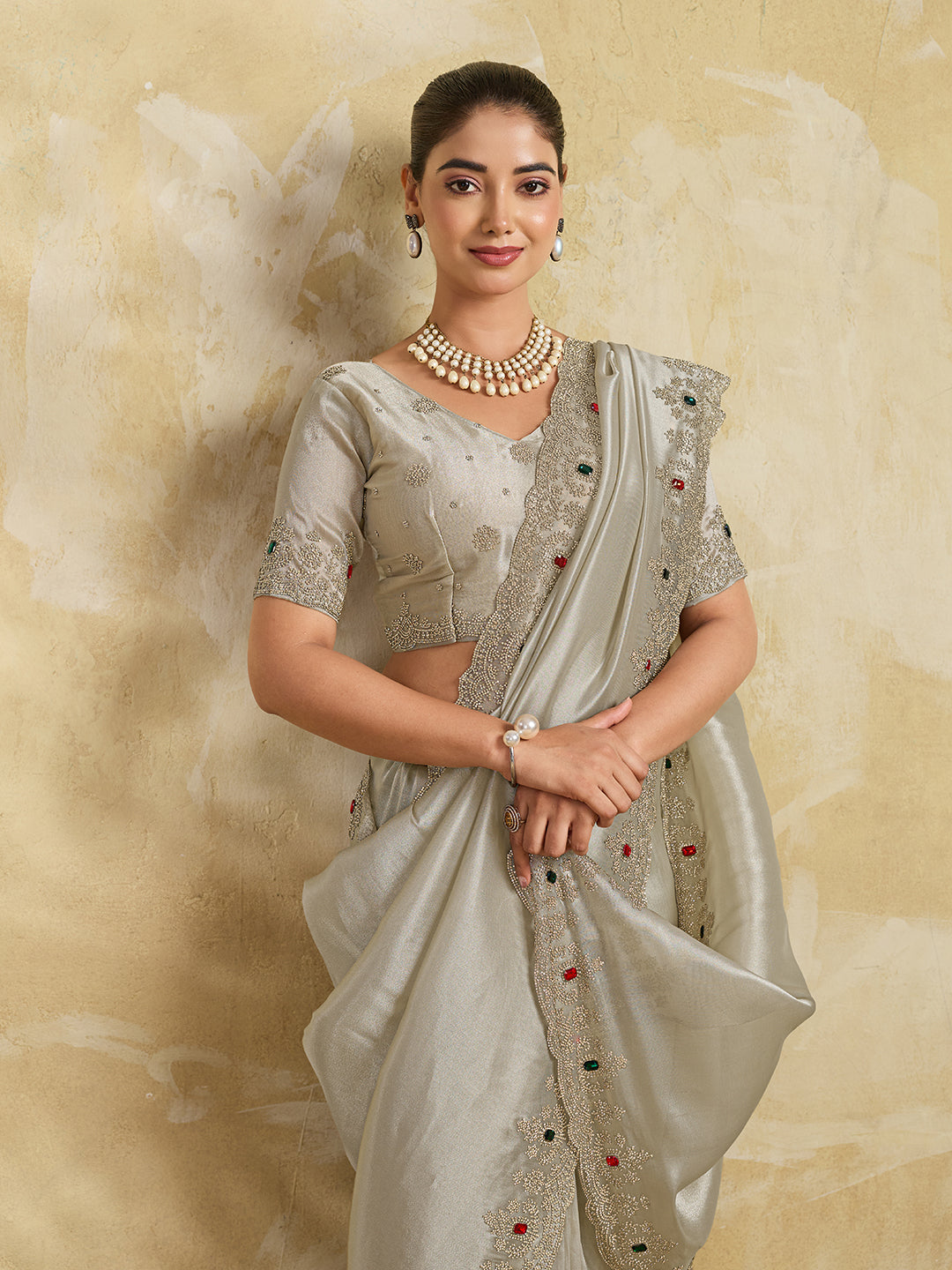 Champagne Satin Saree with Multicolor Stone Embroidered Border