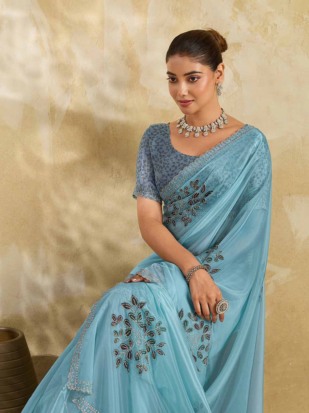 Sky Blue Organza Saree with Multicolor Leaf Cluster Embroidery
