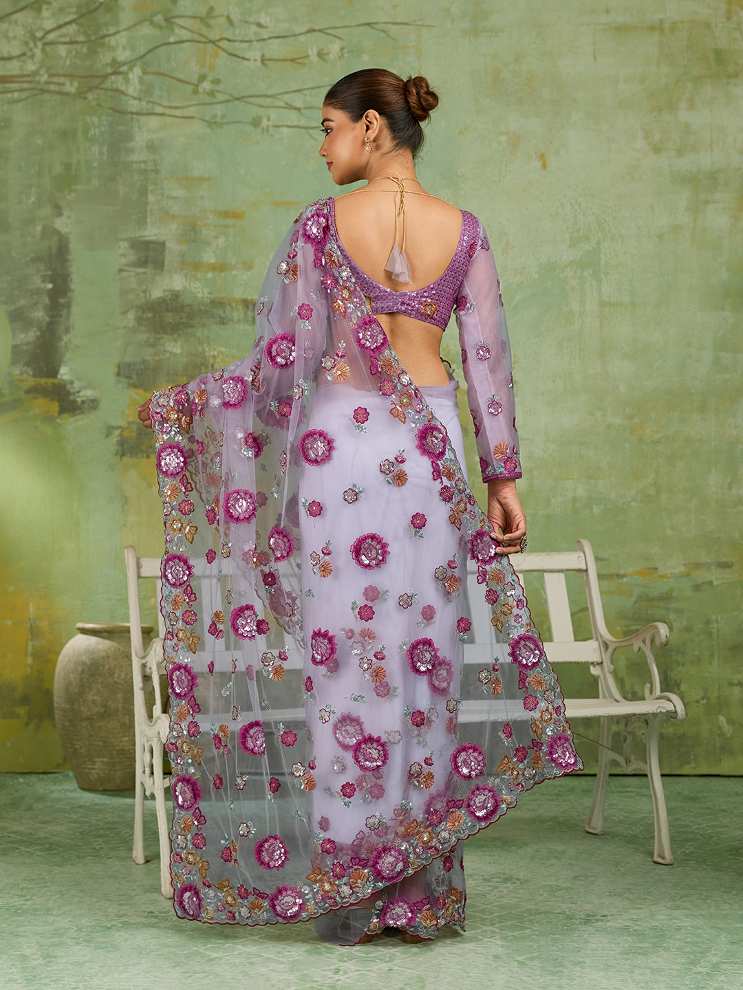 Lavender Net Saree with Multicolor 3D Floral Embroidery