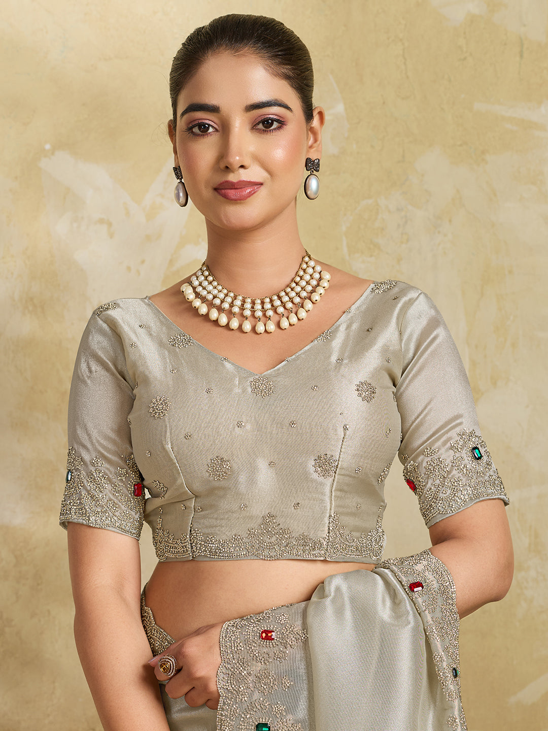 Champagne Satin Saree with Multicolor Stone Embroidered Border