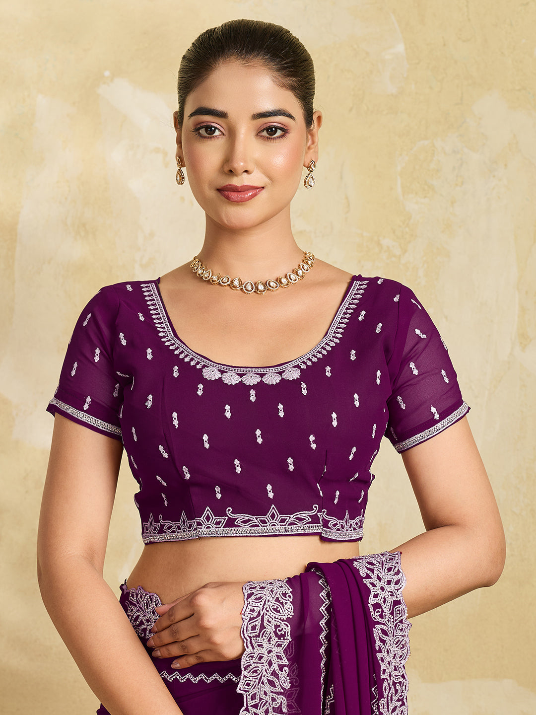 Purple Chiffon Saree with Silver Zigzag Pleat Embroidery