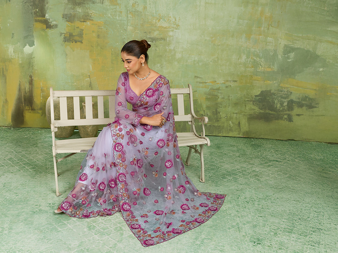 Lavender Net Saree with Multicolor 3D Floral Embroidery