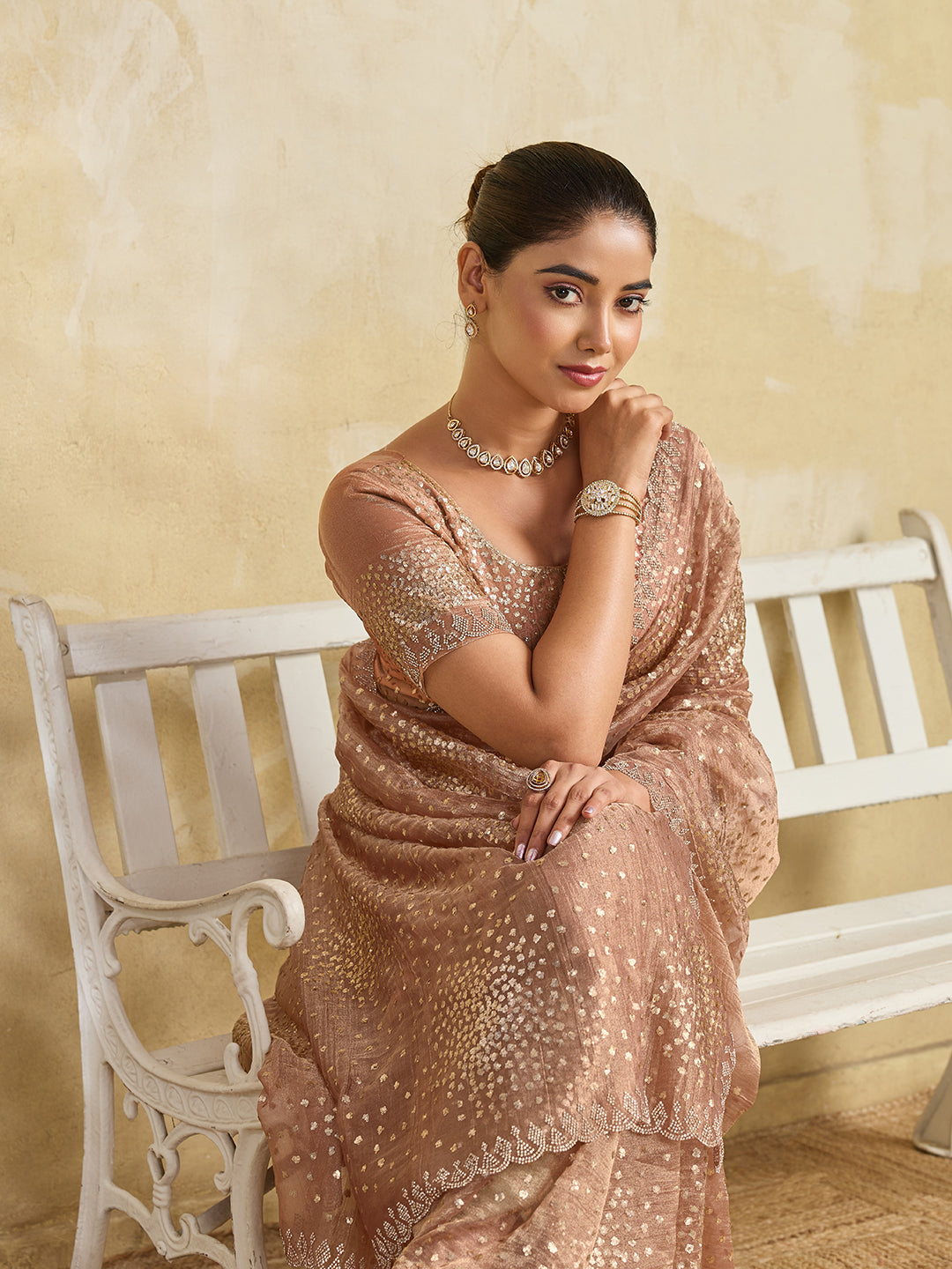 Peach Net Saree with Gold Sequin Geometric Embroidery