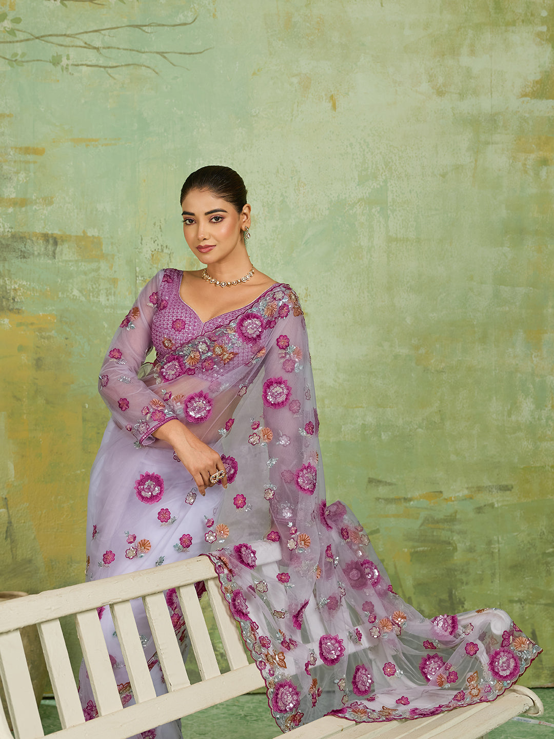 Lavender Net Saree with Multicolor 3D Floral Embroidery