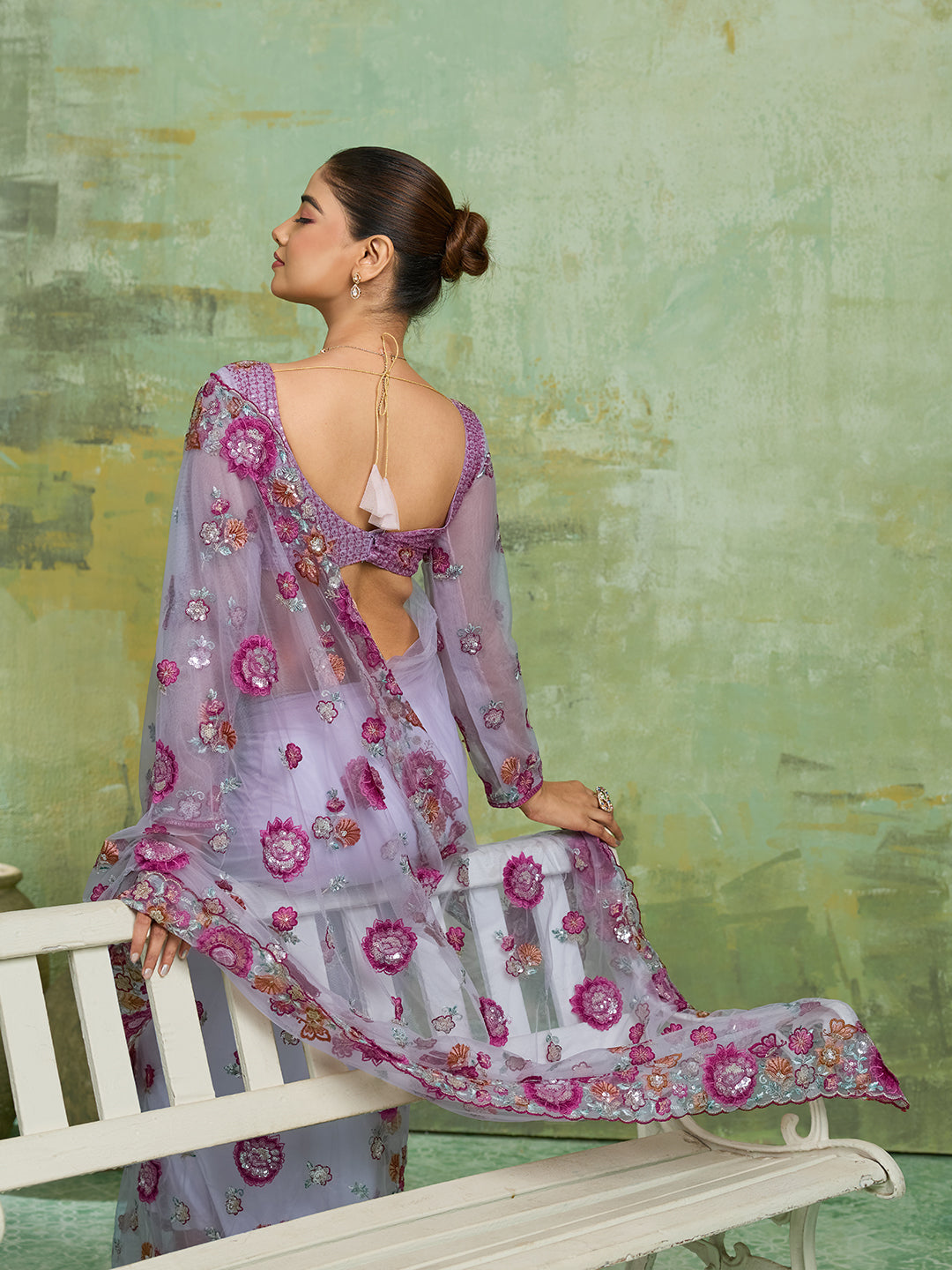 Lavender Net Saree with Multicolor 3D Floral Embroidery