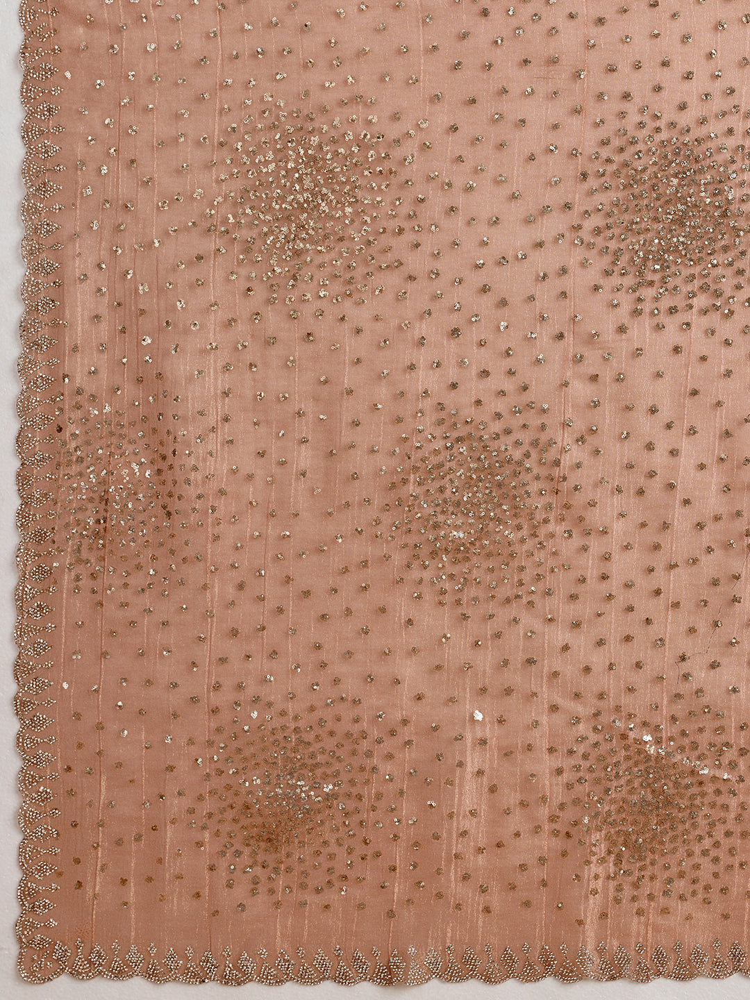 Peach Net Saree with Gold Sequin Geometric Embroidery