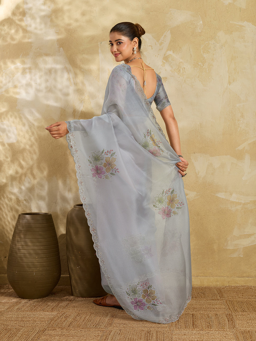 Grey Lilac Organza Saree with Multicolor Floral Bouquet Embroidery