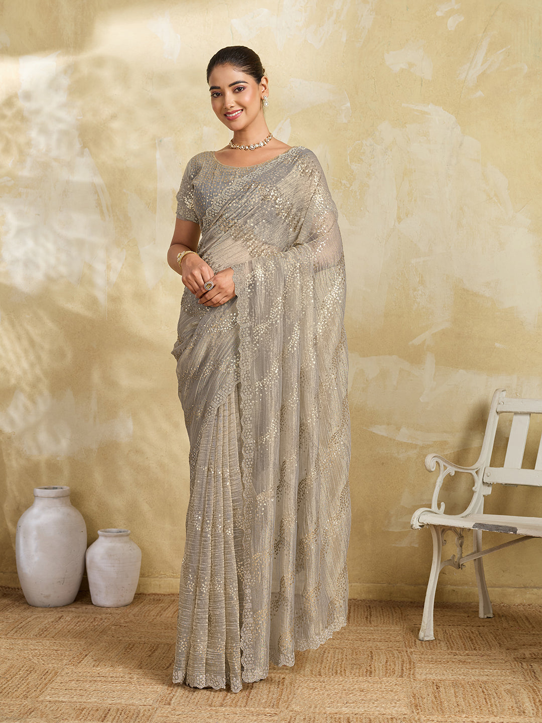 Grey Shimmer Saree with Diagonal Sequin Stripe Embroidery