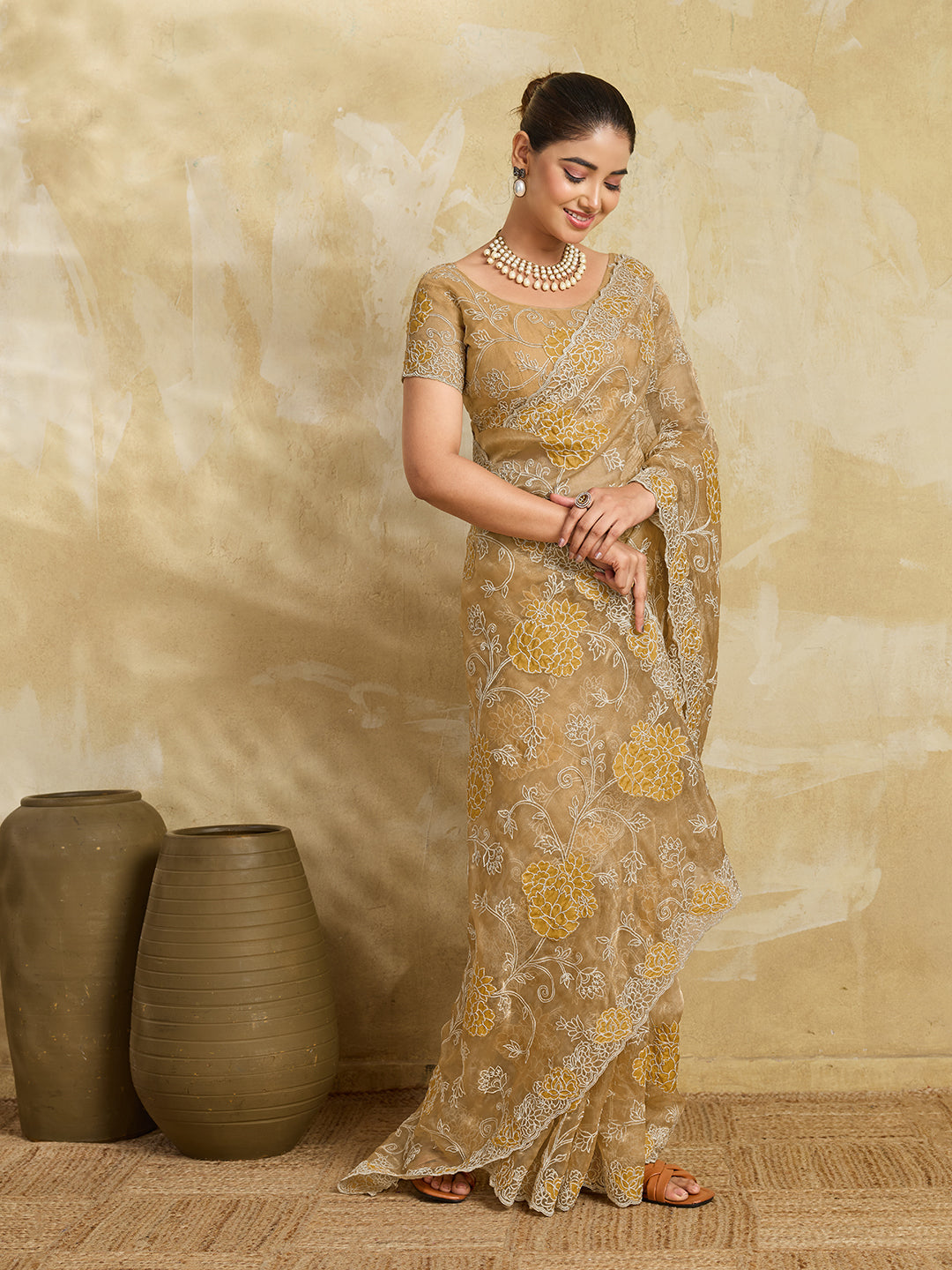 Beige Organza Saree with Yellow Floral Thread Embroidery