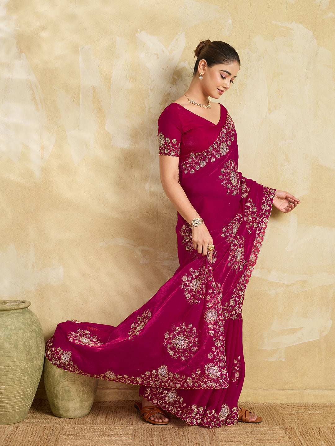 Rani Pink Georgette Saree with Gold Zari Floral Embroidery and Scalloped Border