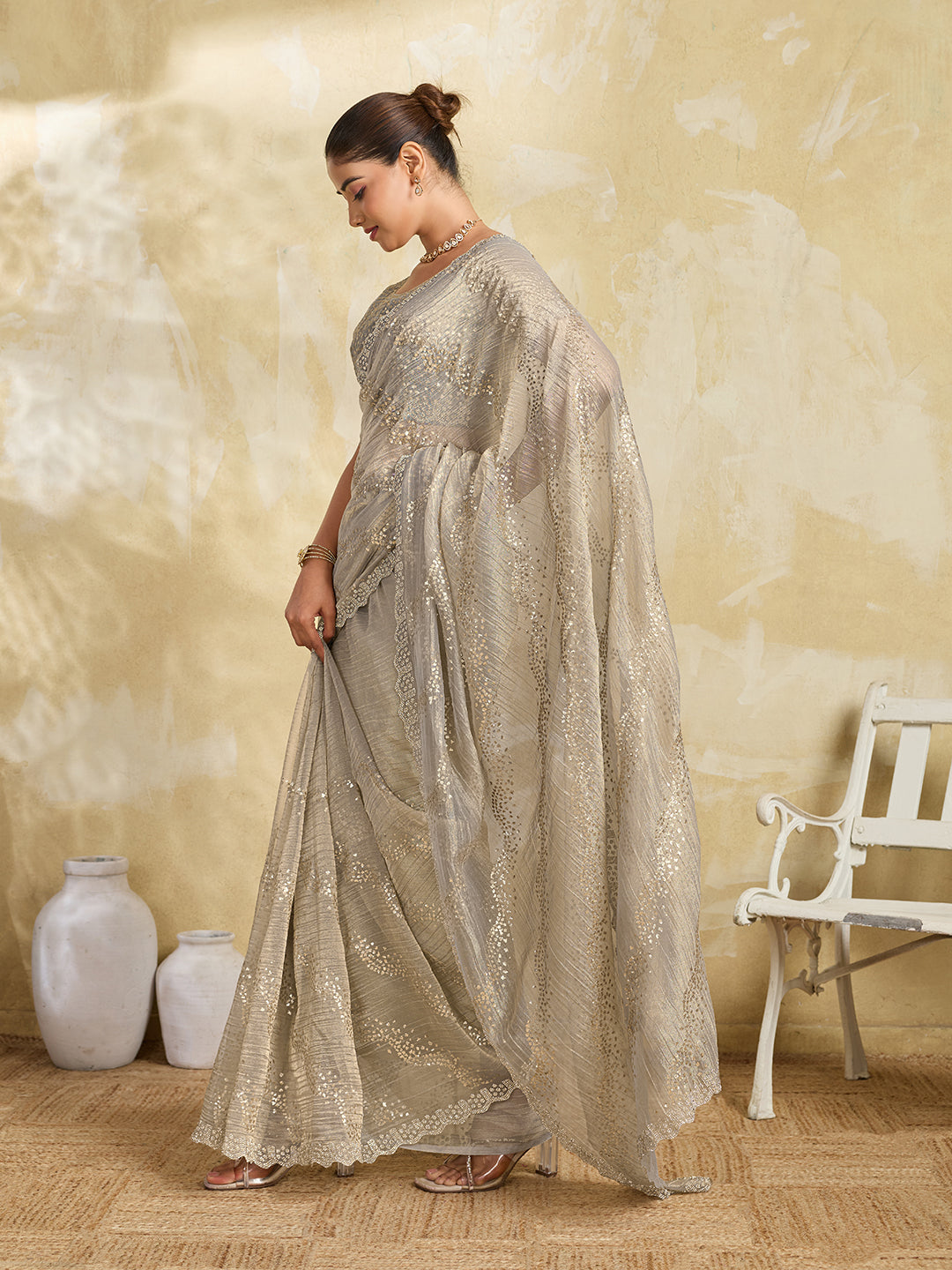 Grey Shimmer Saree with Diagonal Sequin Stripe Embroidery