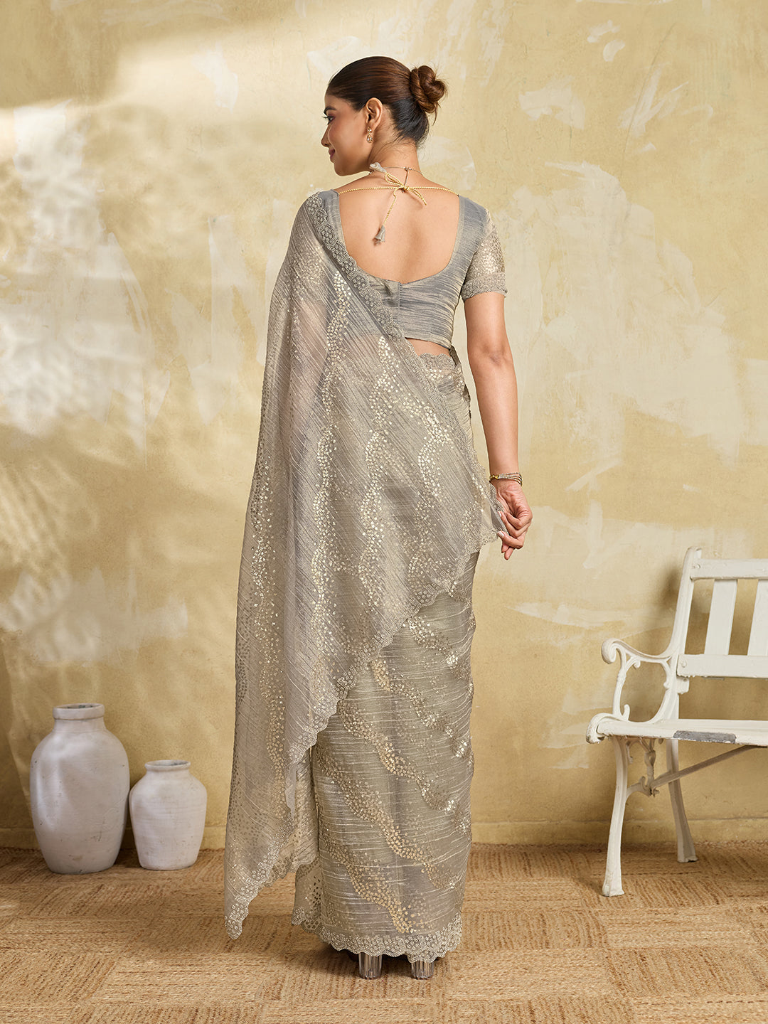 Grey Shimmer Saree with Diagonal Sequin Stripe Embroidery