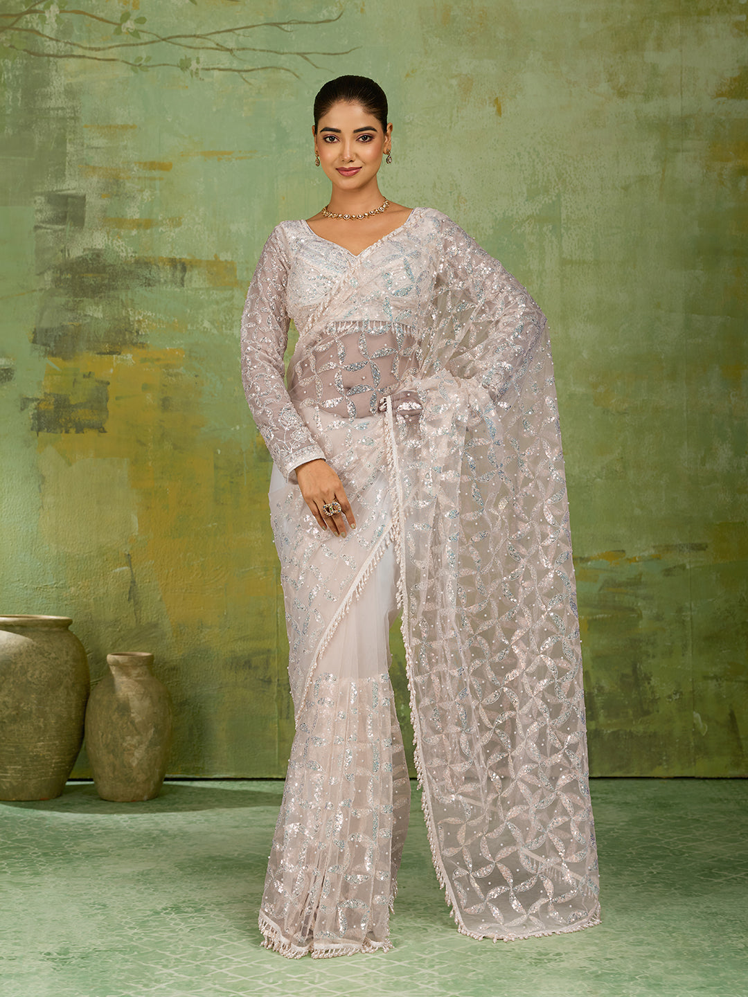 Off White Net Saree with Silver Sequin Geometric Embroidery
