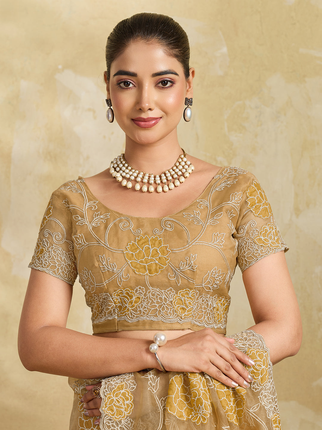 Beige Organza Saree with Yellow Floral Thread Embroidery