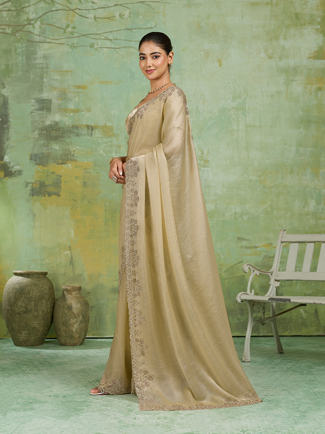 Champagne Gold Satin Saree with Stone Embroidered Border