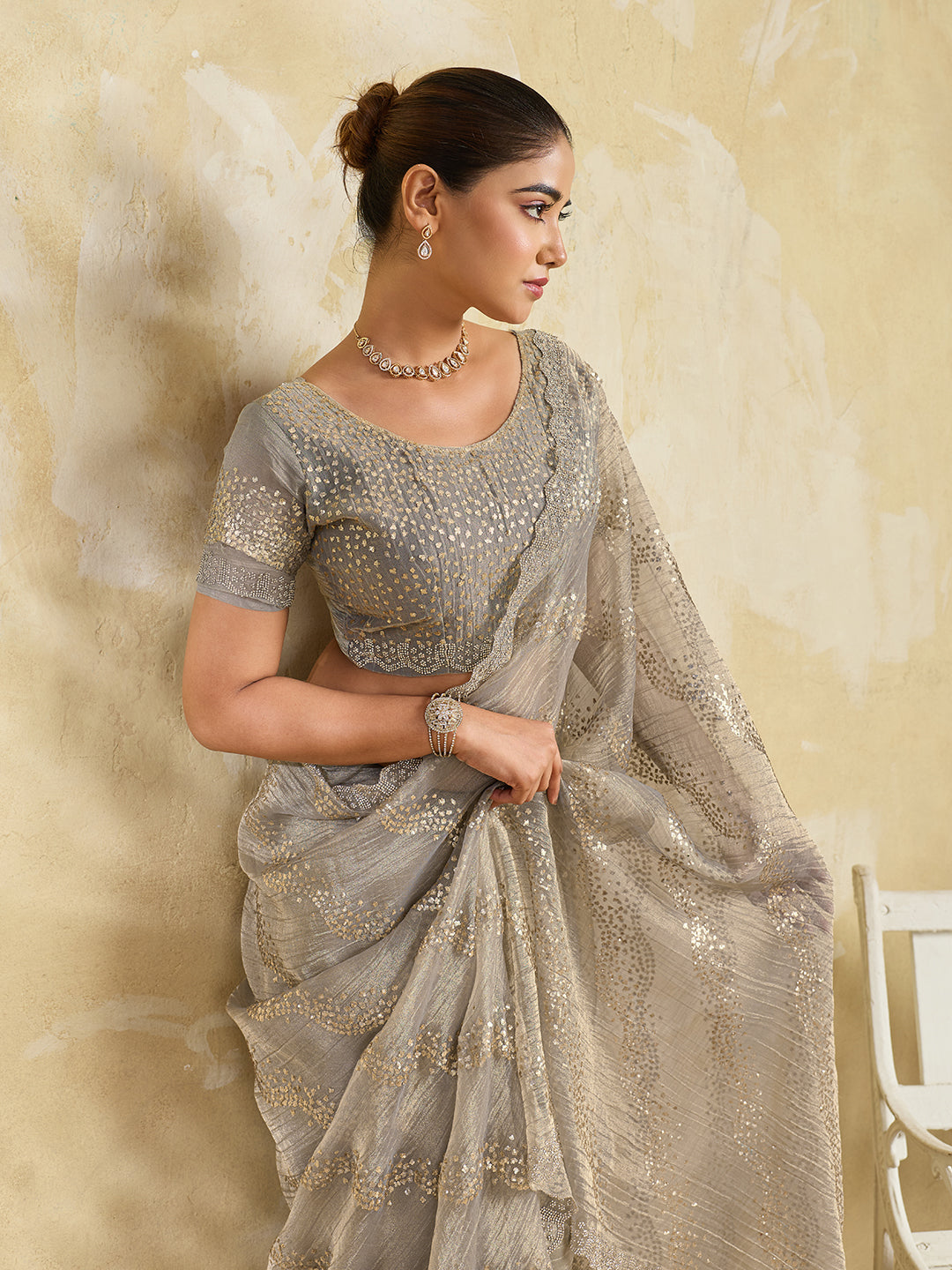 Grey Shimmer Saree with Diagonal Sequin Stripe Embroidery