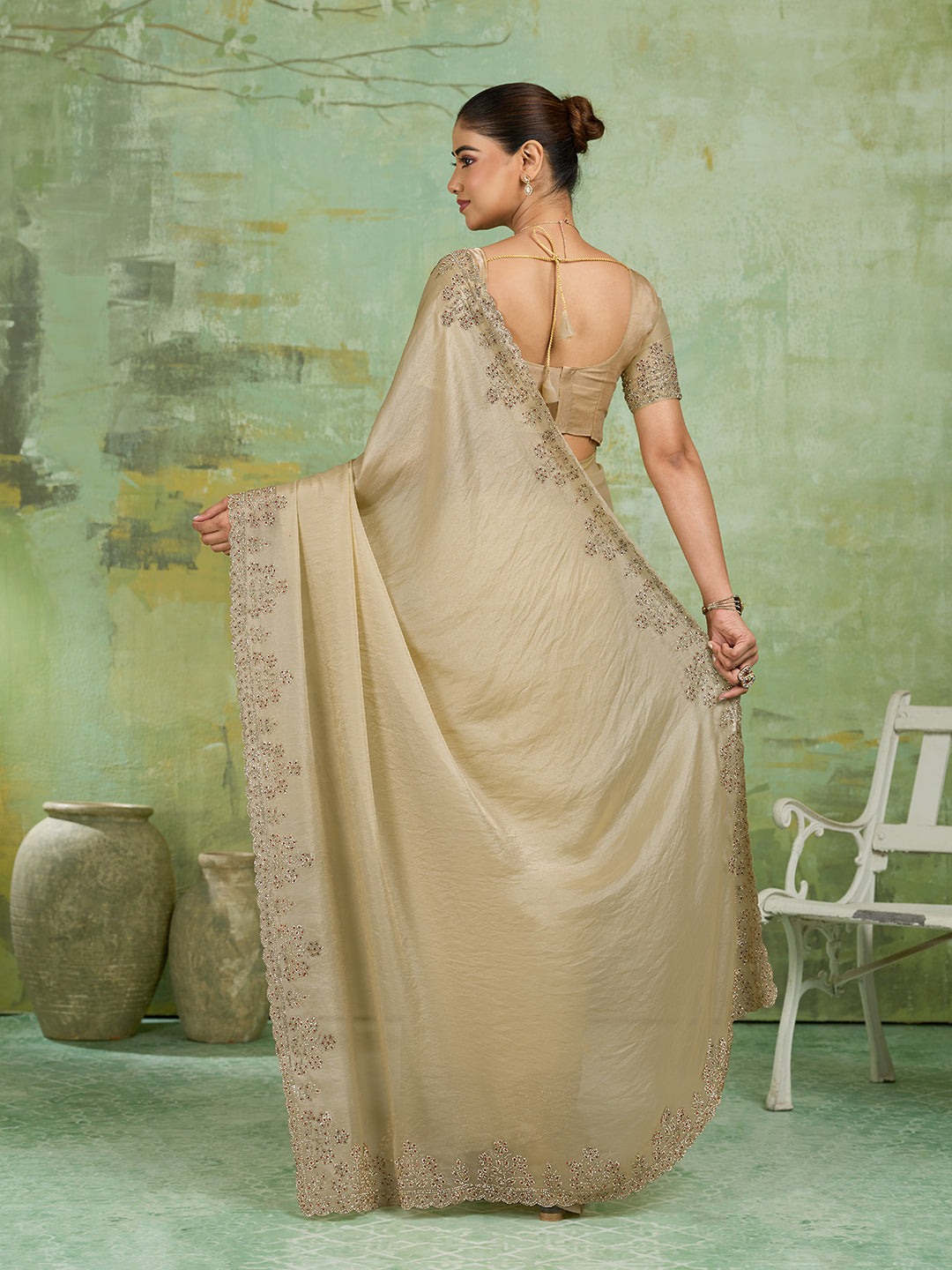 Champagne Gold Satin Saree with Stone Embroidered Border