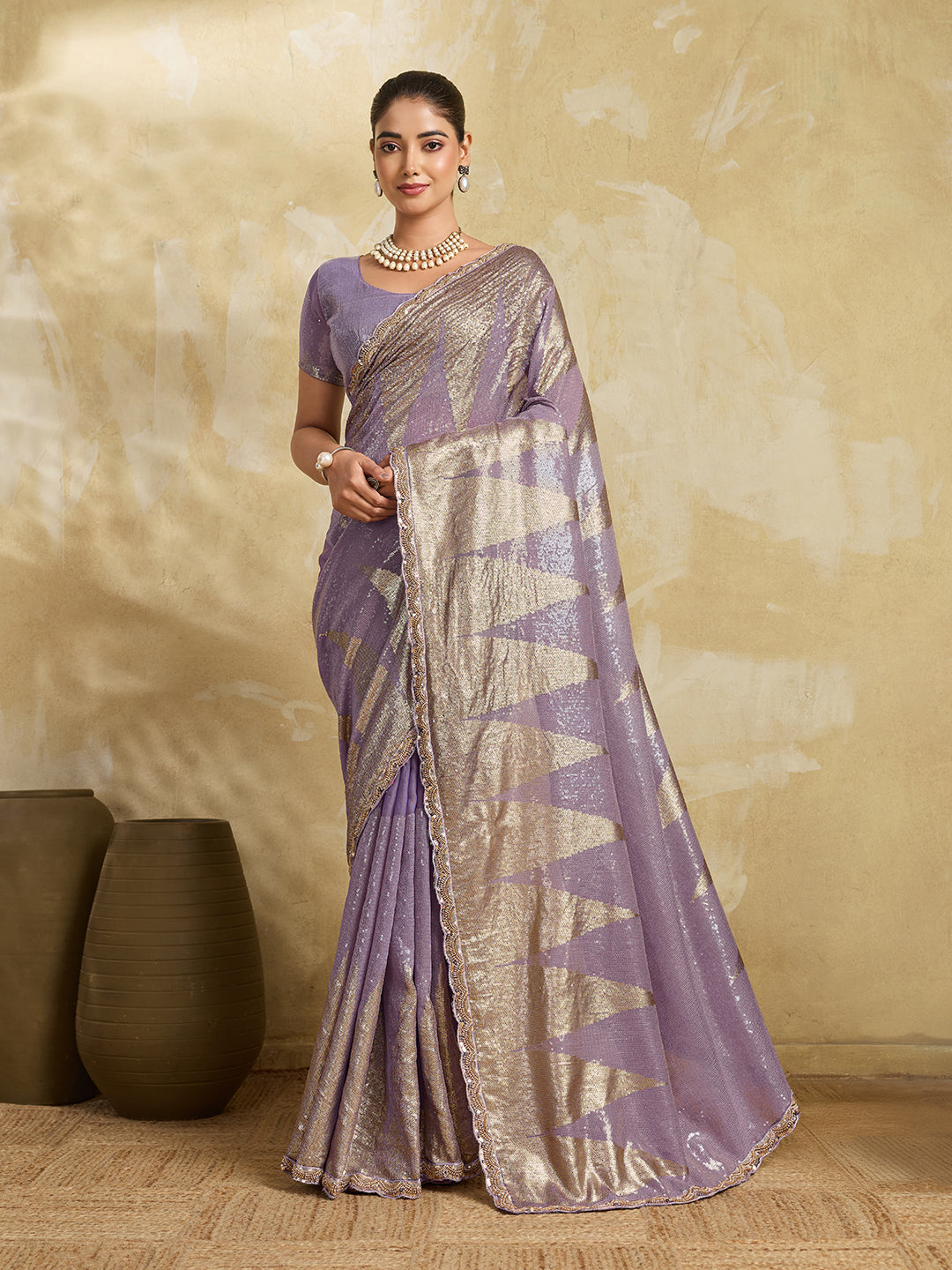 Lavender Shimmer Saree with Geometric Gold Sequin Pattern