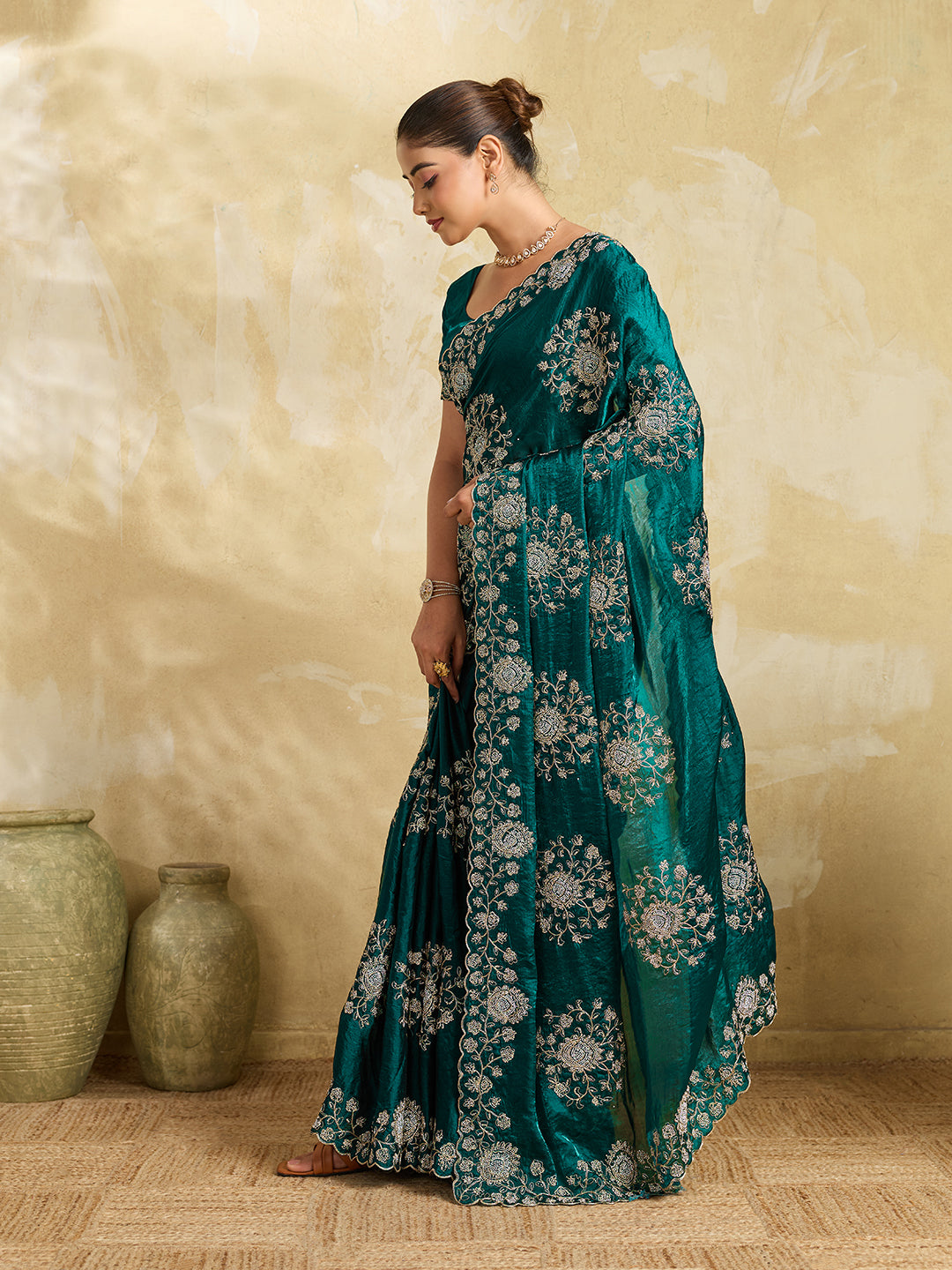 Rama Green Georgette Saree with Gold Zari Floral Embroidery and Scalloped Border