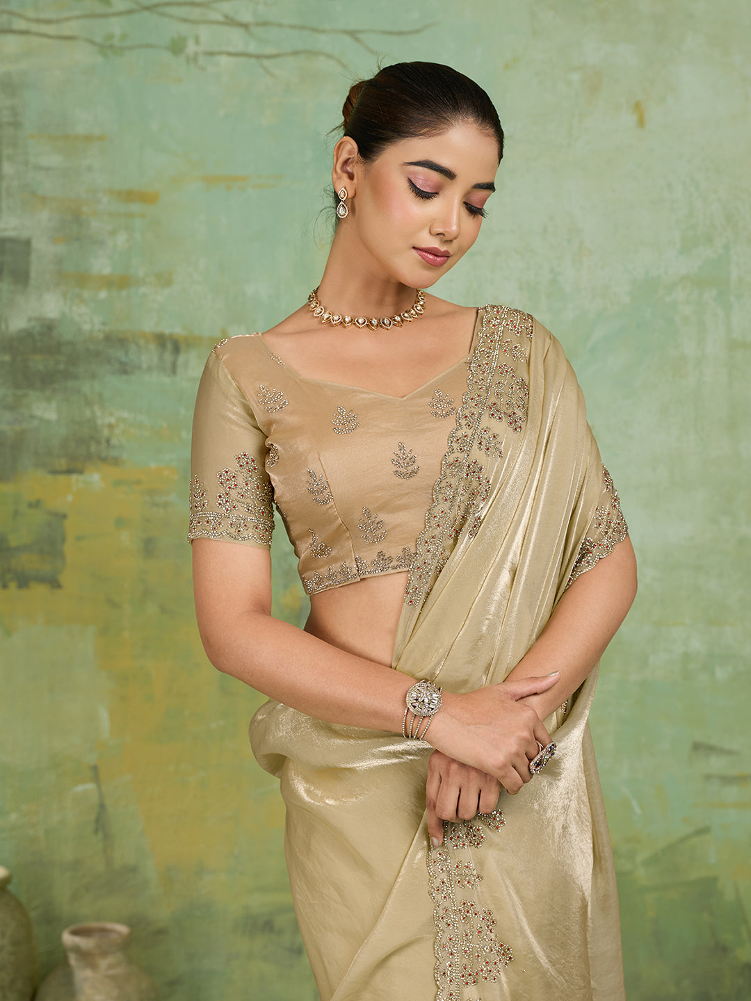 Champagne Gold Satin Saree with Stone Embroidered Border
