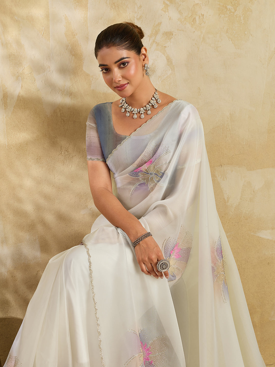Off White Organza Saree with Digital Lotus Print and Stone Embroidery
