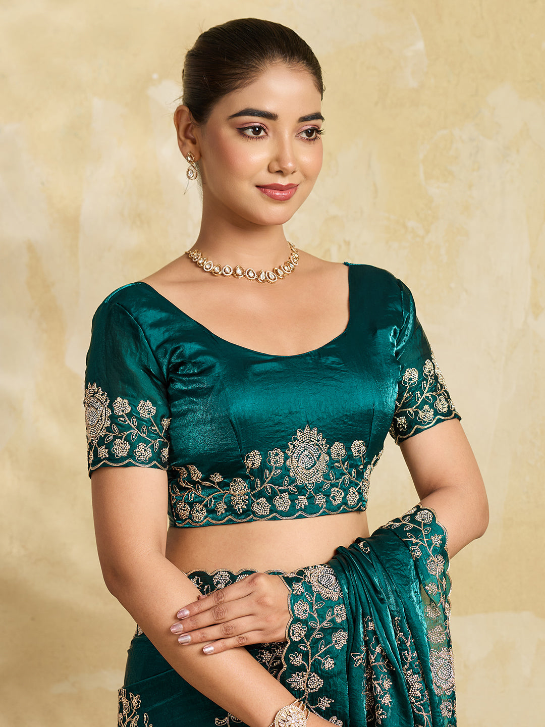 Rama Green Georgette Saree with Gold Zari Floral Embroidery and Scalloped Border