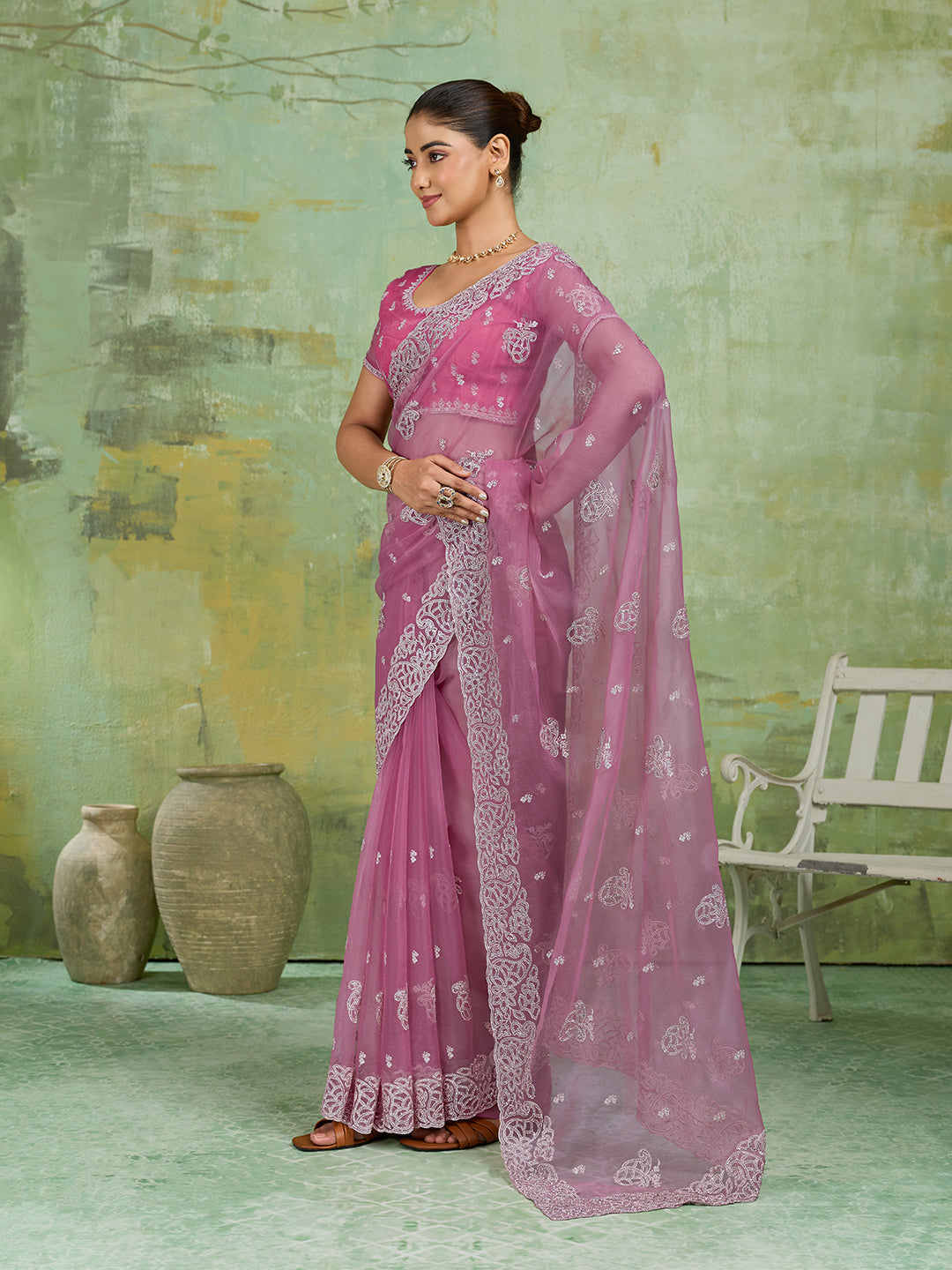 Pink Net Saree with Silver Floral Paisley Embroidery