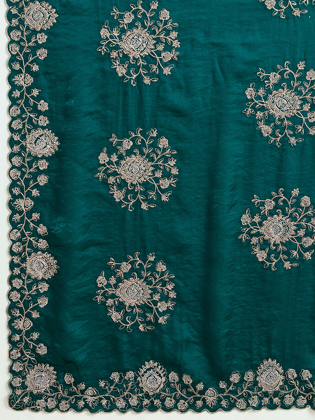 Rama Green Georgette Saree with Gold Zari Floral Embroidery and Scalloped Border
