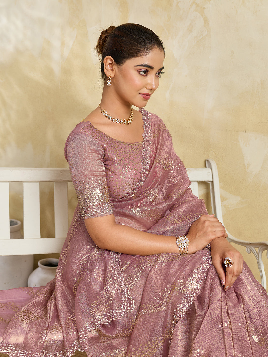 Mauve Pink Shimmer Saree with Diagonal Sequin Stripe Embroidery