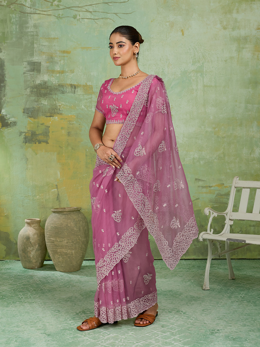Pink Net Saree with Silver Floral Paisley Embroidery