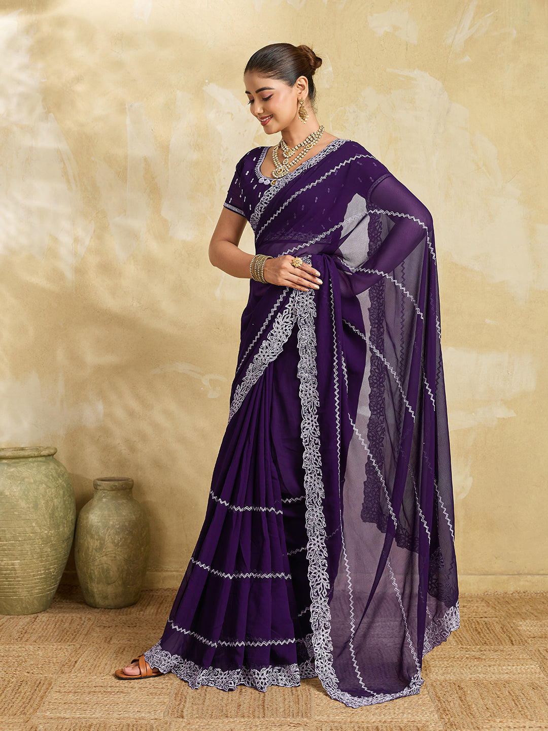 Deep Purple Chiffon Saree with Silver Zigzag Pleat Embroidery