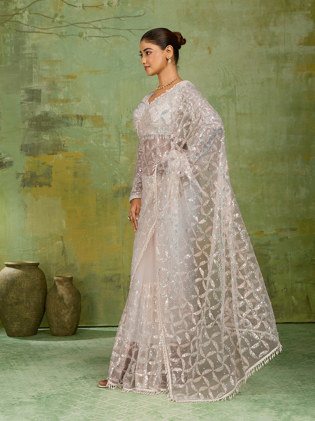 Off White Net Saree with Silver Sequin Geometric Embroidery
