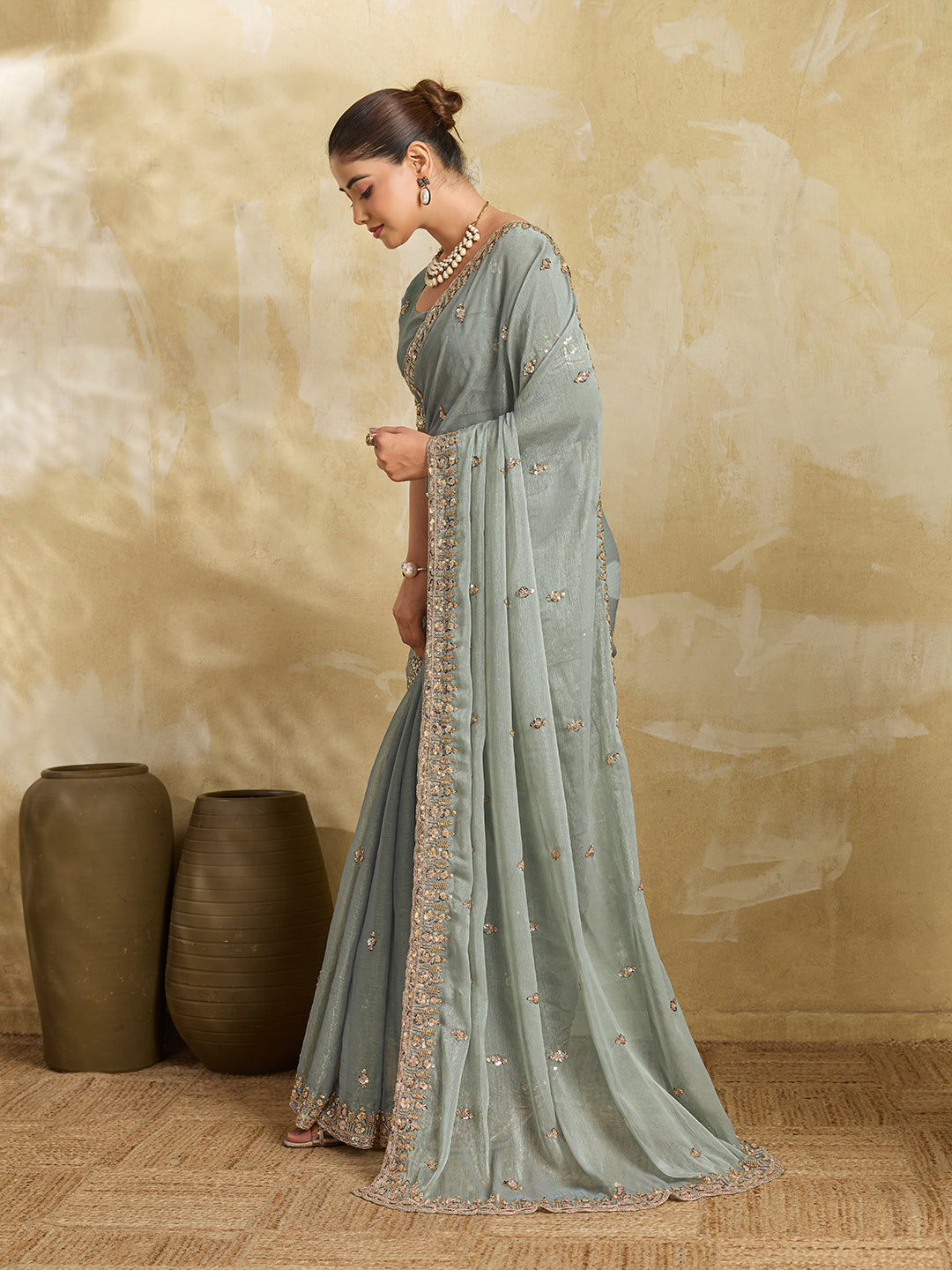 Teal Grey Shimmer Saree with Sequin Scatter Work and Stone Embroidered Border