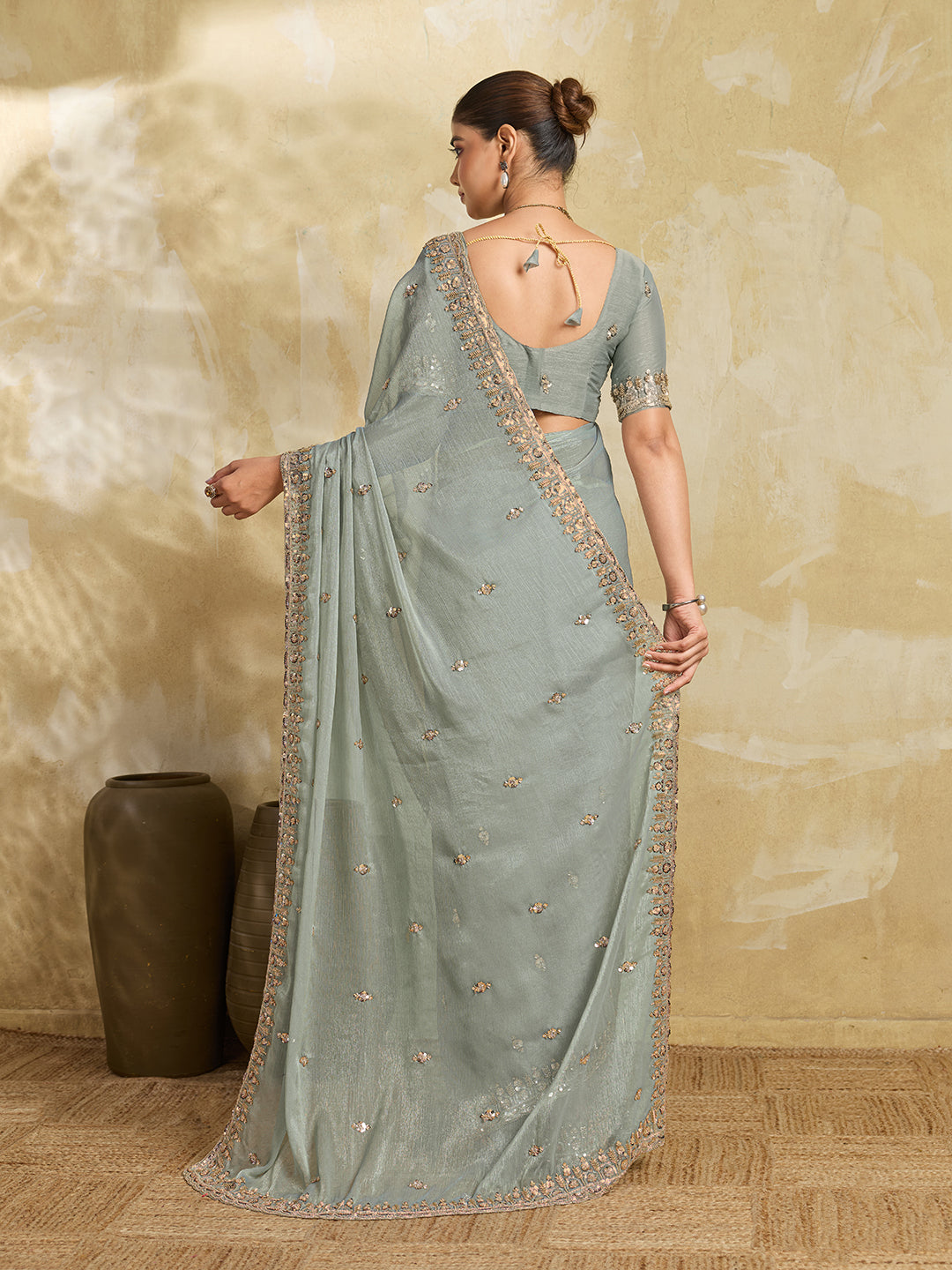 Teal Grey Shimmer Saree with Sequin Scatter Work and Stone Embroidered Border