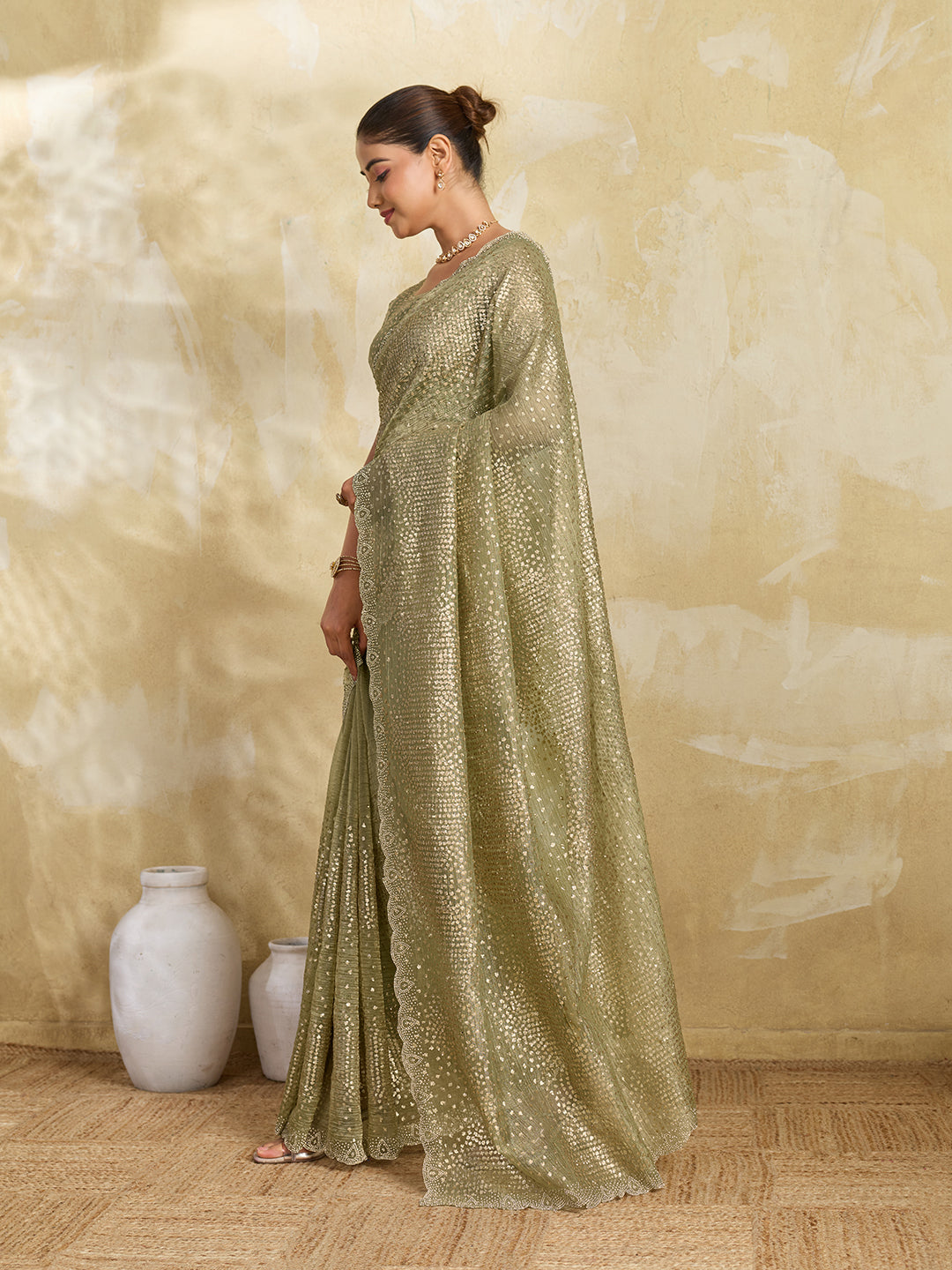 Pista Green Net Saree with Allover Sequin Mirror Embroidery