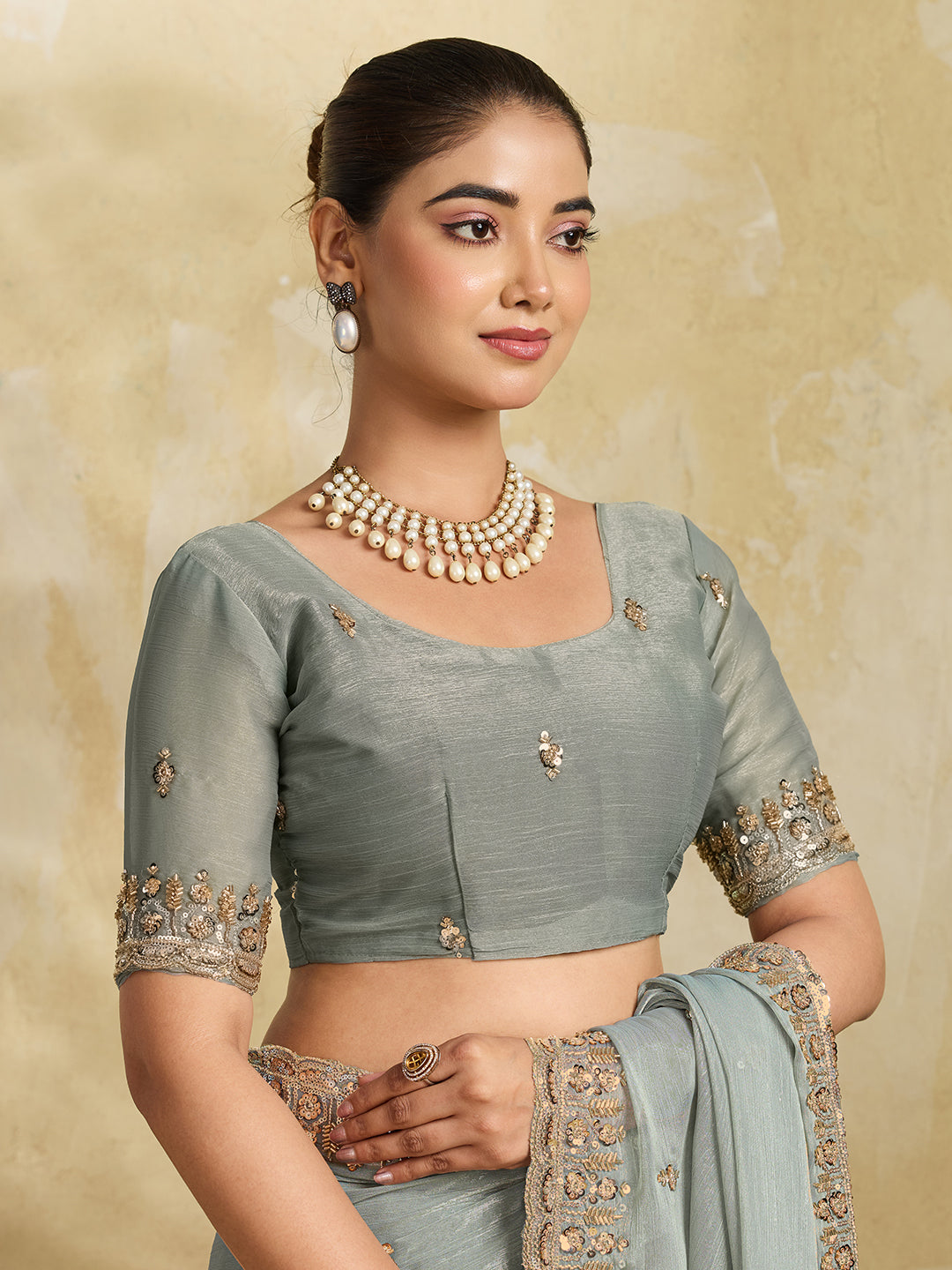 Teal Grey Shimmer Saree with Sequin Scatter Work and Stone Embroidered Border