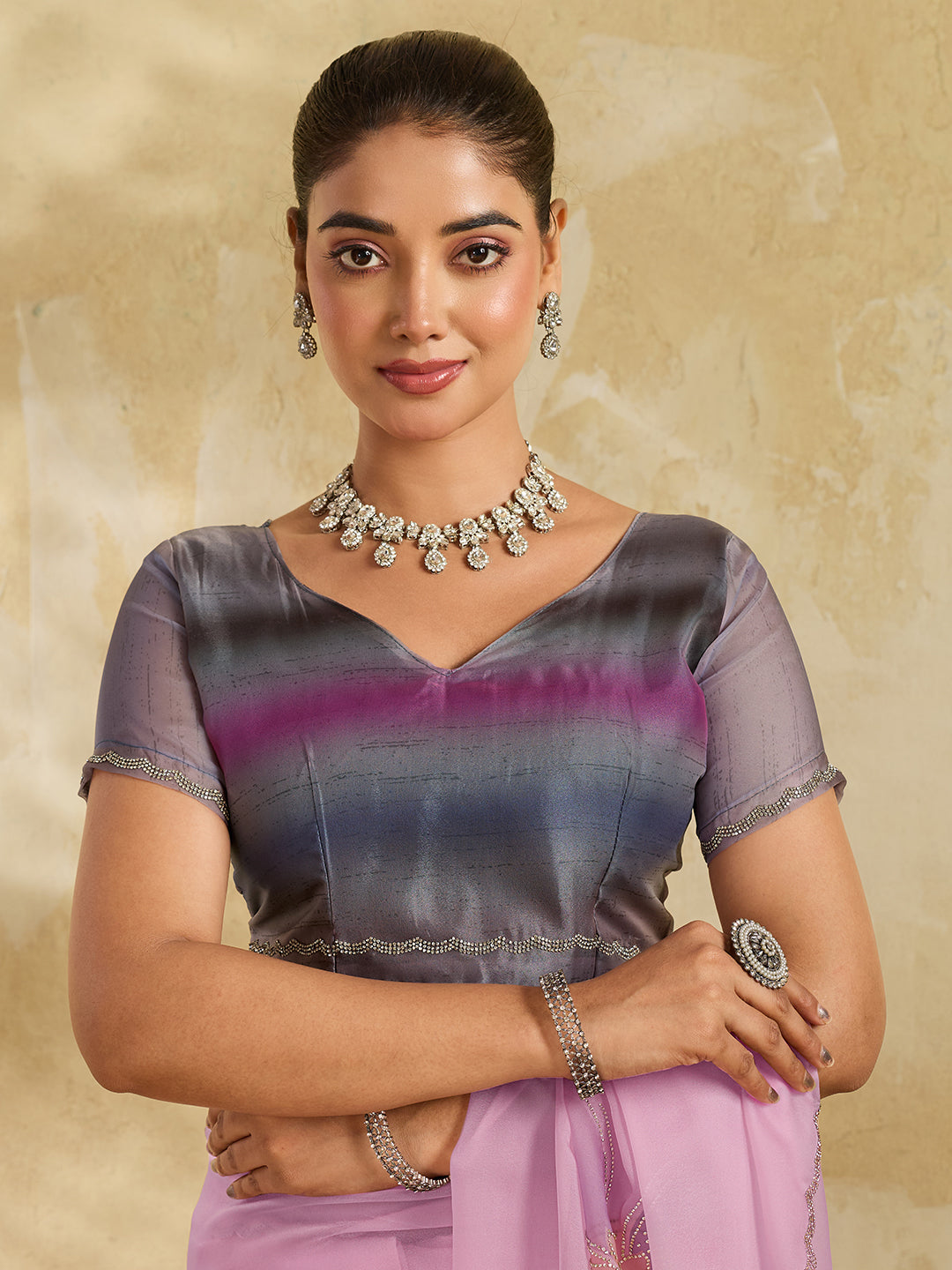 Pink Organza Saree with Digital Lotus Print and Stone Embroidery