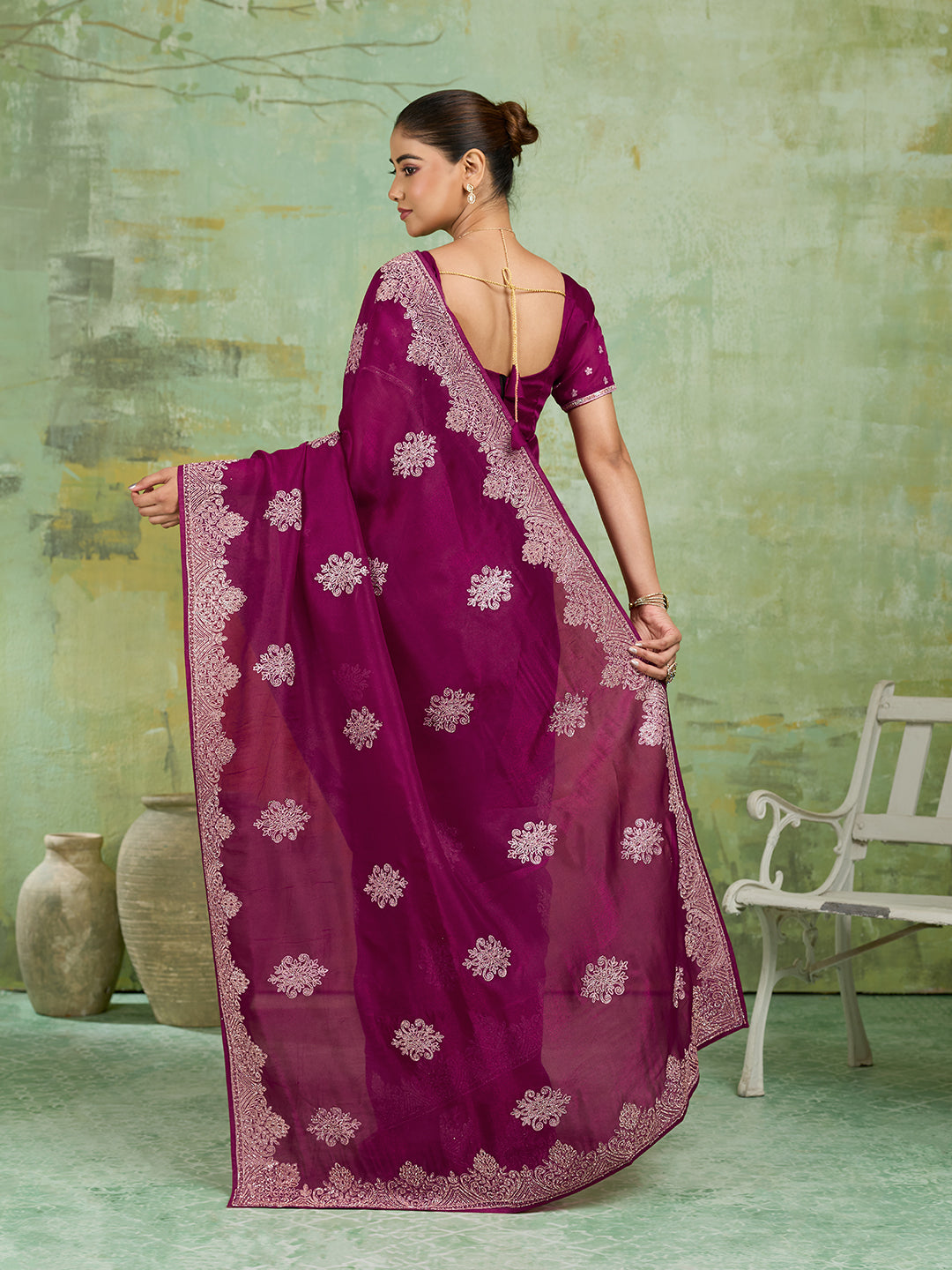 Wine Net Saree with Silver Floral Medallion Embroidery