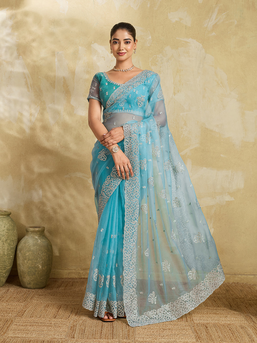 Sky Blue Net Saree with Silver Floral Paisley Embroidery