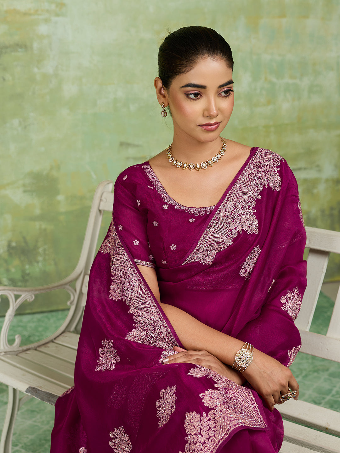 Wine Net Saree with Silver Floral Medallion Embroidery