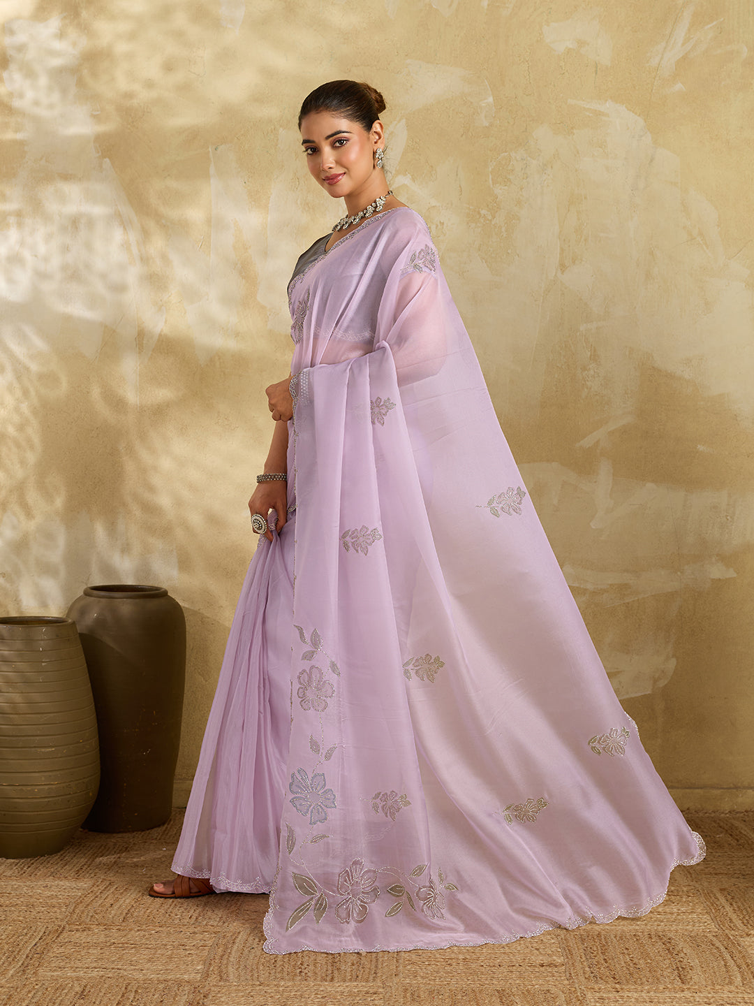 Lilac Organza Saree with Floral Print with Stone Work