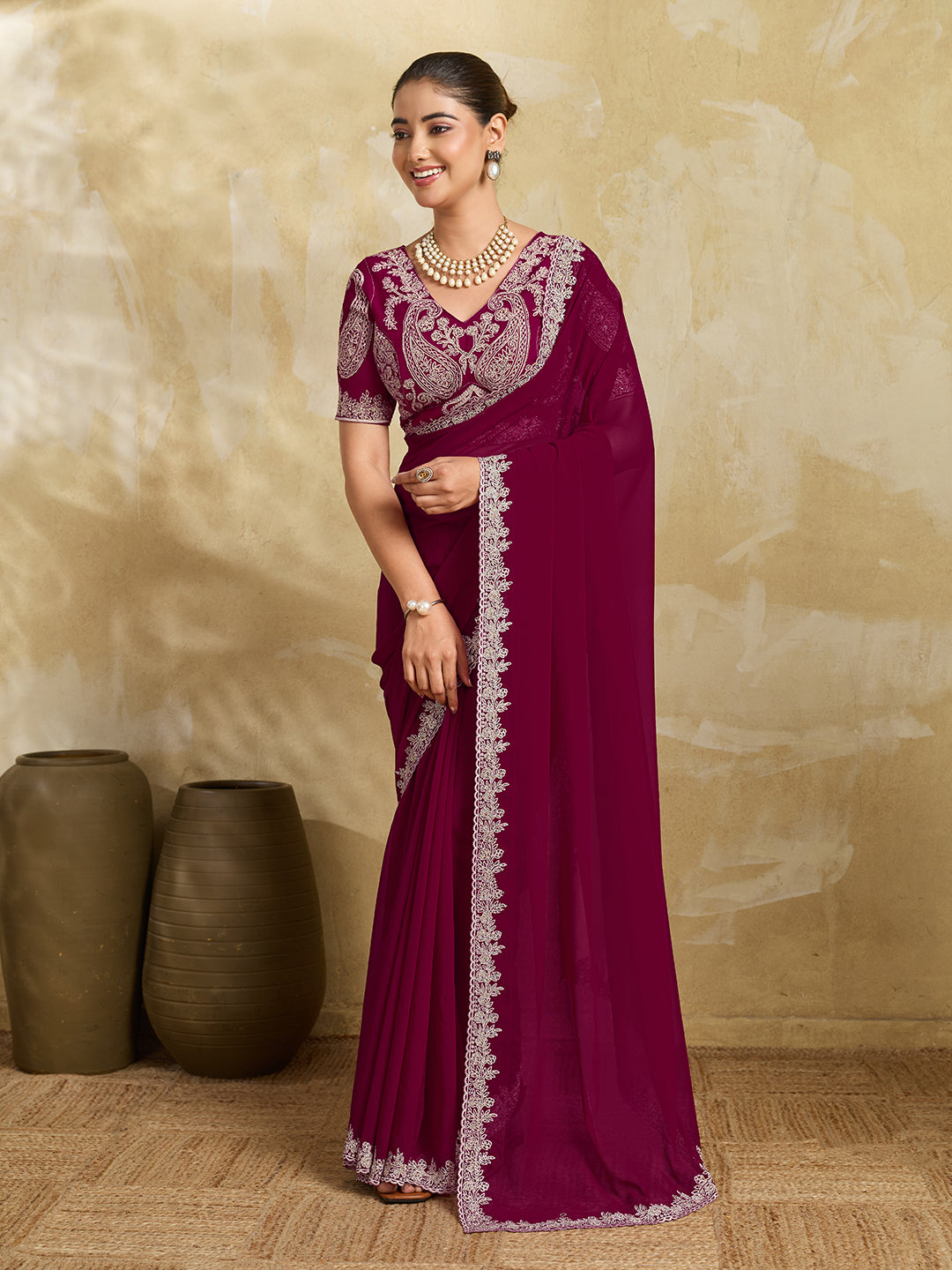 Wine Purple Georgette Saree with Silver Zari Floral Embroidery and Matching Blouse