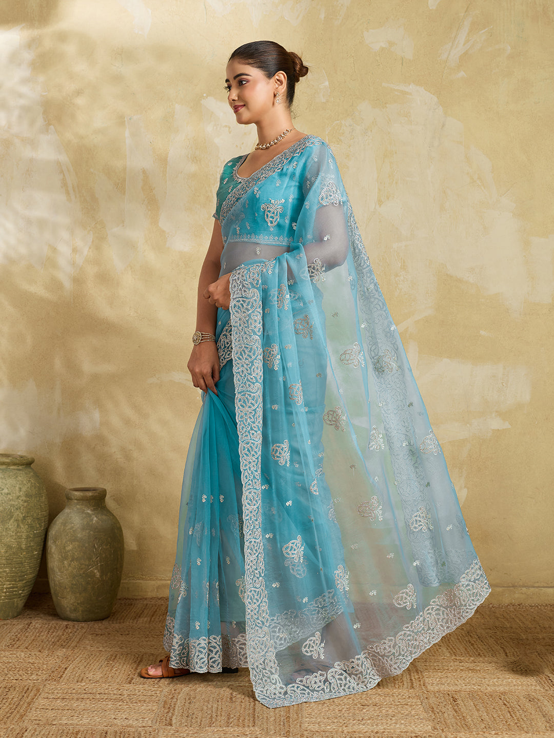 Sky Blue Net Saree with Silver Floral Paisley Embroidery