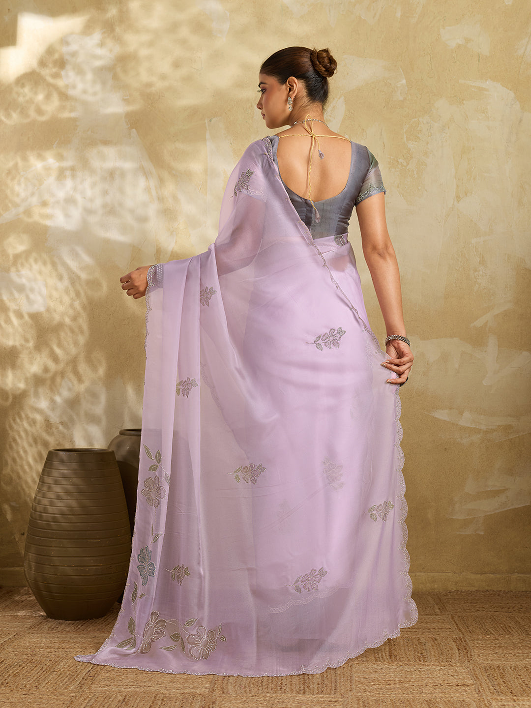 Lilac Organza Saree with Floral Print with Stone Work