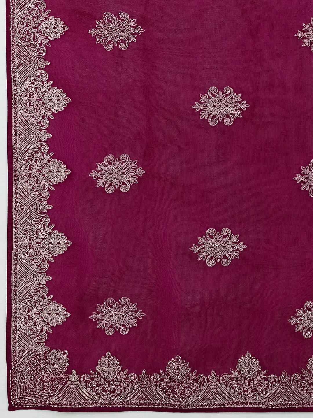 Wine Net Saree with Silver Floral Medallion Embroidery