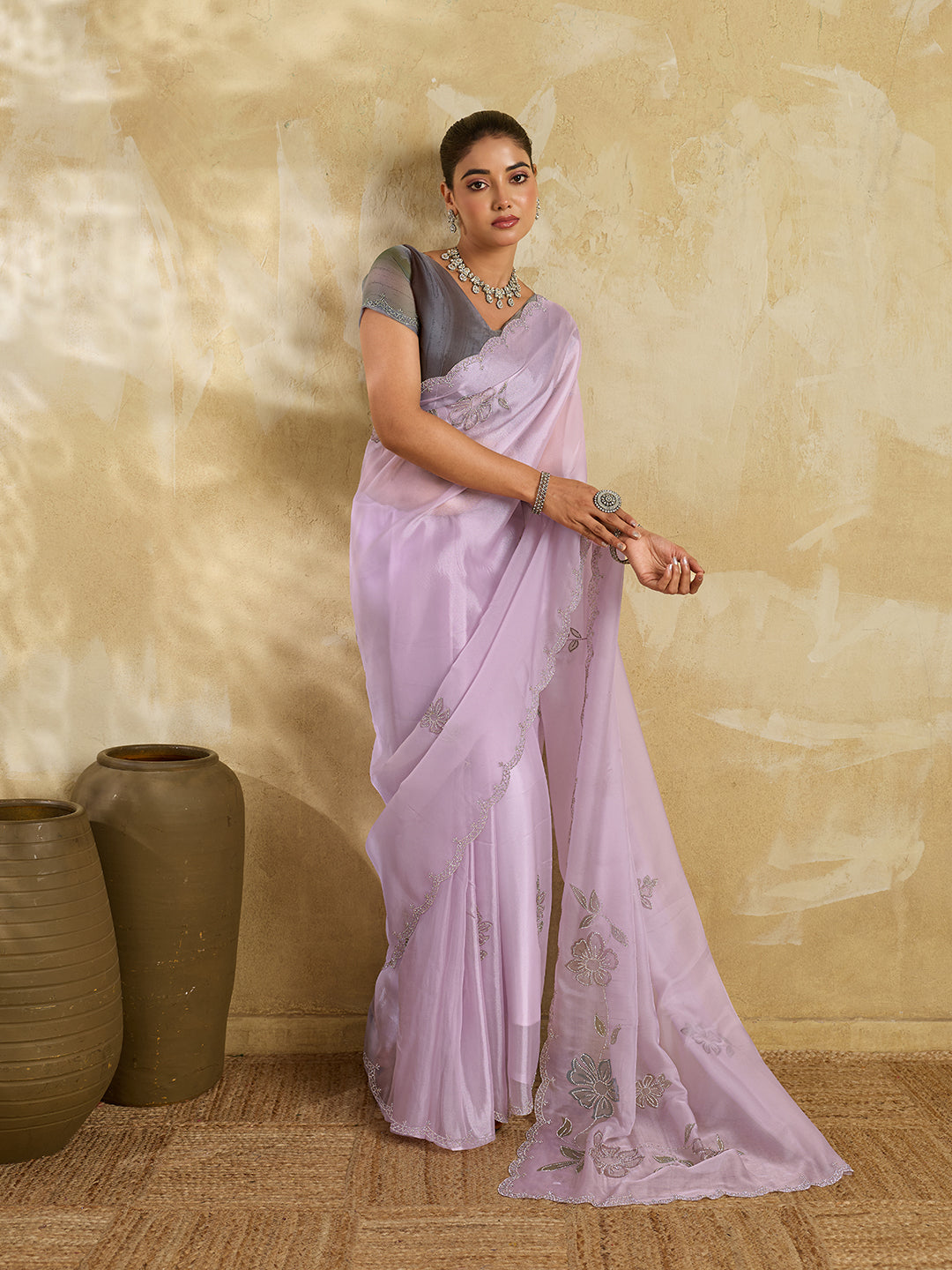 Lilac Organza Saree with Floral Print with Stone Work