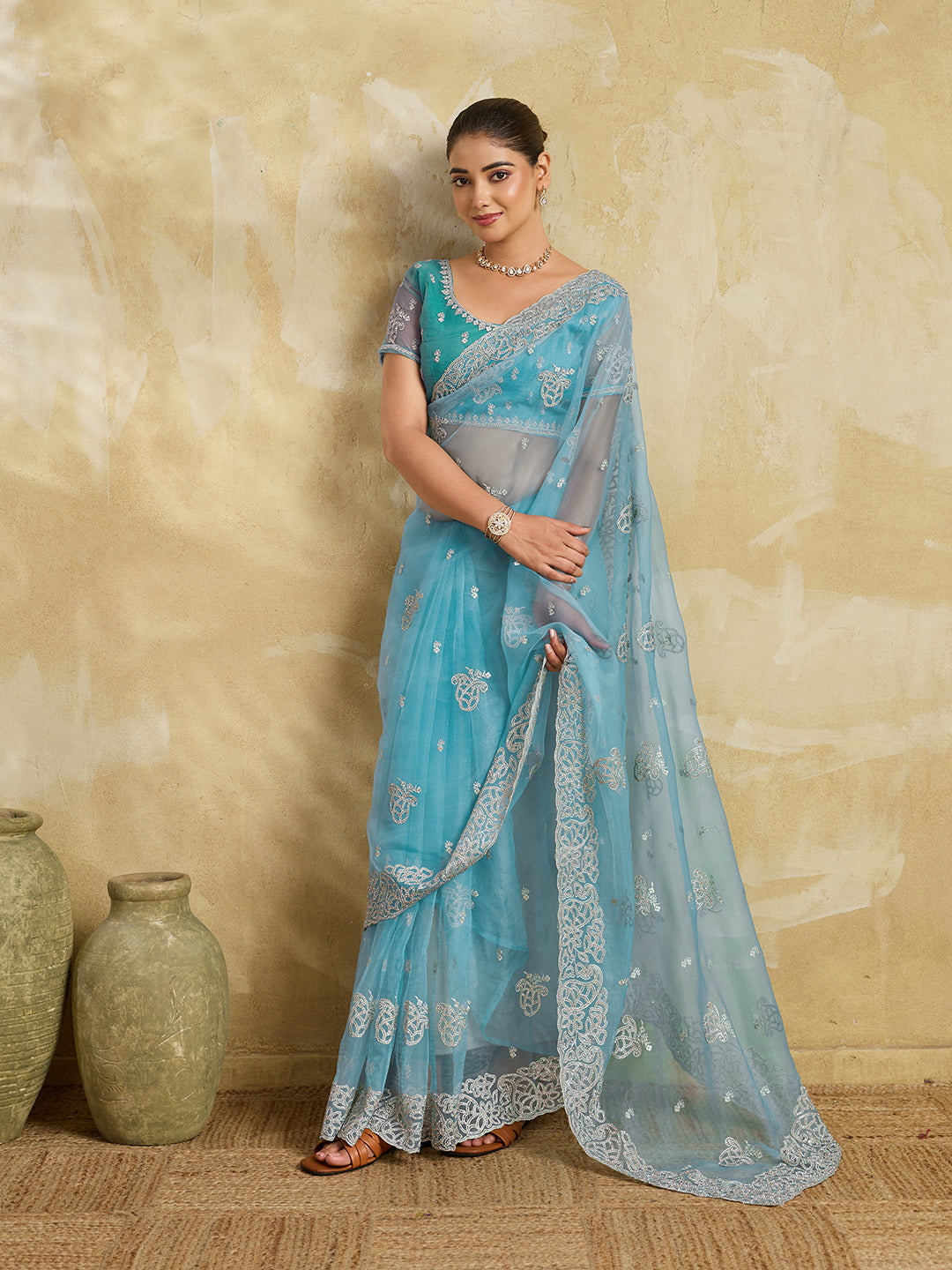 Sky Blue Net Saree with Silver Floral Paisley Embroidery